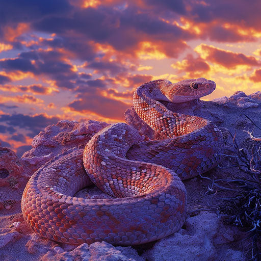 Rattlesnake at sunset, vibrant colors and striking contrast