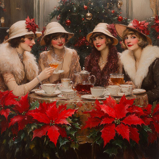 1920s Christmas tea party, ladies in cloche hats and fur stoles