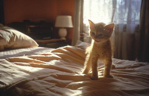 Kitten standing on a bed in a room