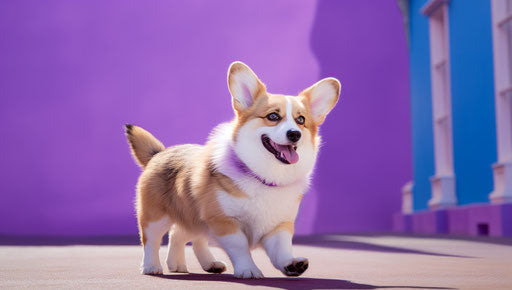 Small corgi walking down the street on purple background