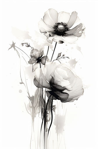 Black and white flowers drawing, graphic lines, 55:83