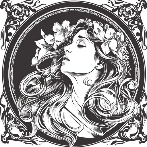 Woman with flowing hair and floral motifs in Art nouveau clipart style