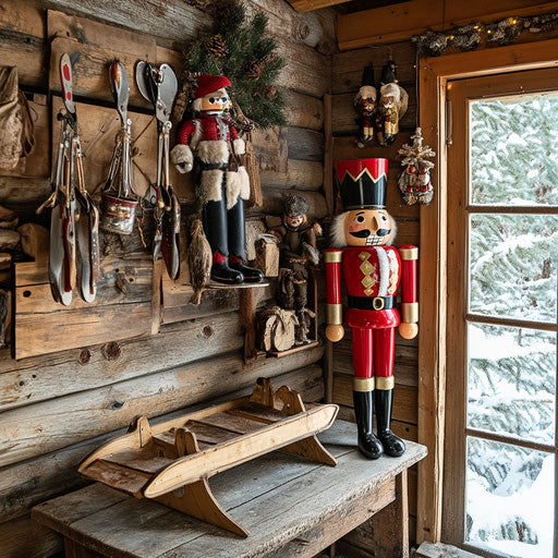 The rustic cabin with a Nutcracker beside a wooden sled
