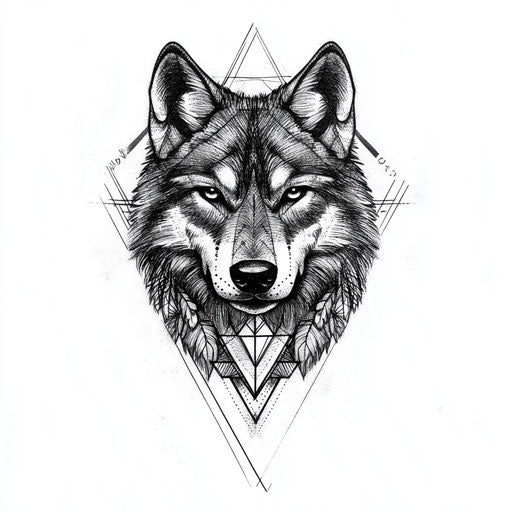 Male thigh tattoo, geometric wolf on white background