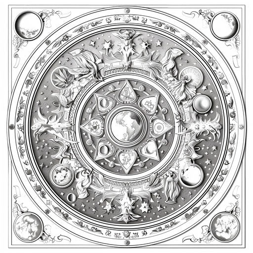 Intricate mandala with celestial themes and zodiac signs