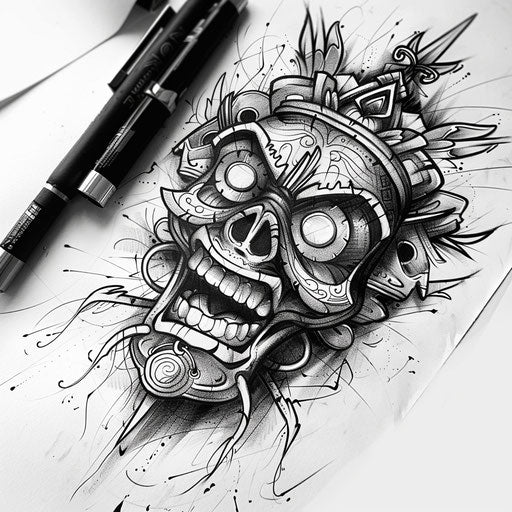 Energetic flat tattoo sketch of a shrunken head with dynamic tribal dance motifs