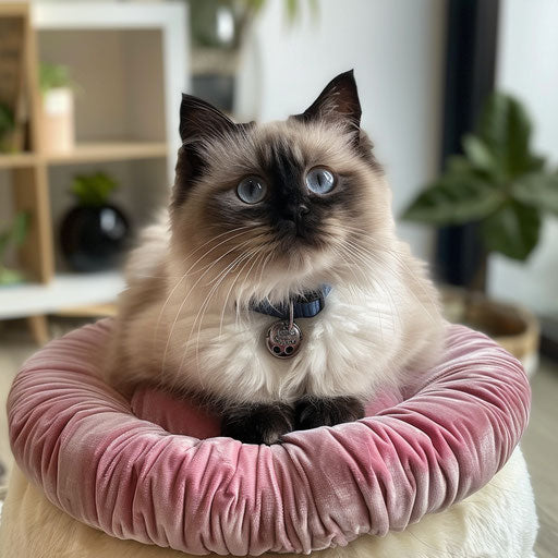 Himalayan cat with a cute collar, sitting on a plush pink cushion