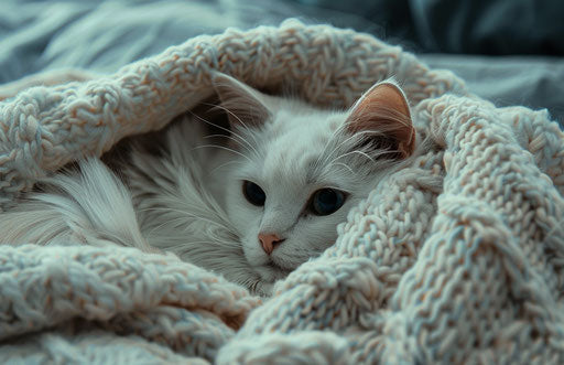 White cat in a blanket, intense energy, spirited movement
