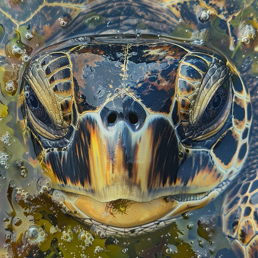 Detailed portrait of a hawksbill sea turtle with intricate scales and piercing eyes in a sea of floating algae