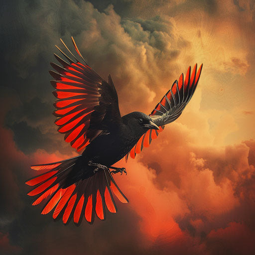 Black bird with red wings against a dramatic sky
