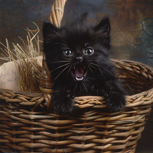 Black kitten with open mouth in a wicker basket