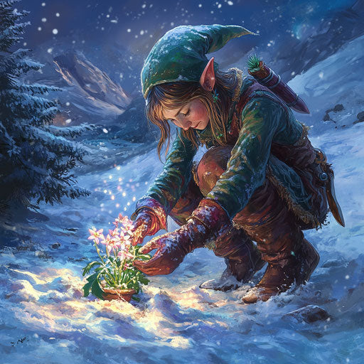 Elf gardener planting enchanted seeds sprouting into winter blooms