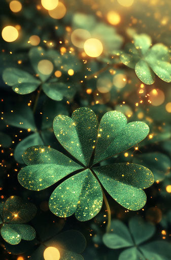 3D green shamrocks with glitter, golden lights in background, digital art style