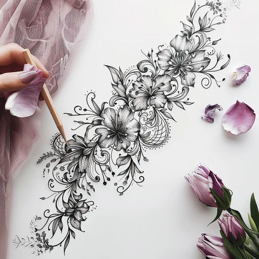 Botanical lace tattoo sketch with floral elements intertwined