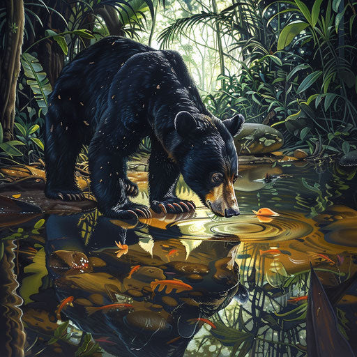 Sun bear encountering its reflection in a serene river