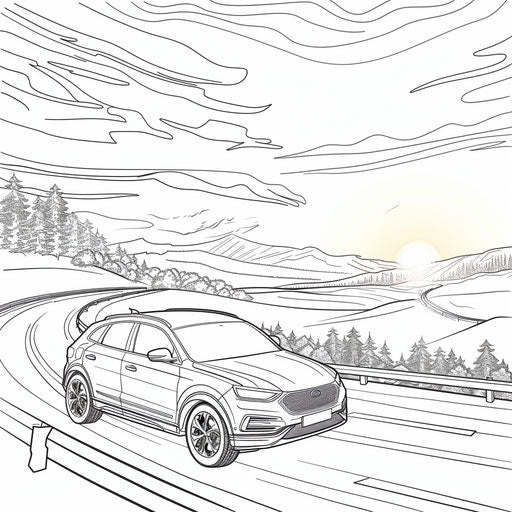 Car on highway, sunset, coloring book page