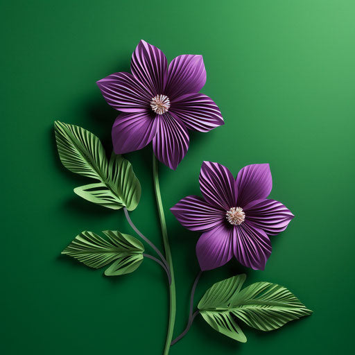 Two purple flowers on green background, natural materials style, paleocore