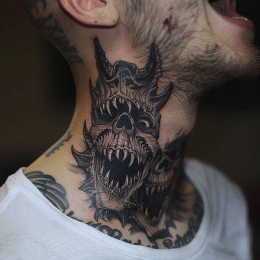 Neck tattoo with eerie demon faces