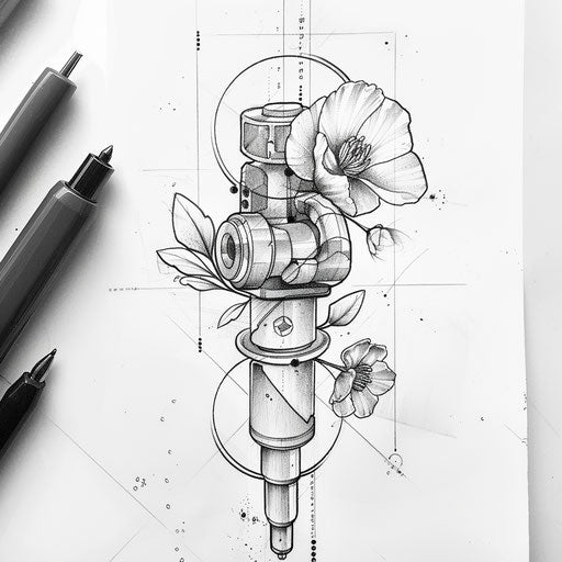 Nature-inspired flat tattoo sketch of a piston merging with elements of earth and metal