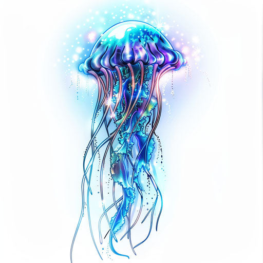 Neon jellyfish tattoo, electric blue and green, white backdrop