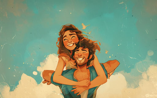 The man and woman embrace on their shoulders