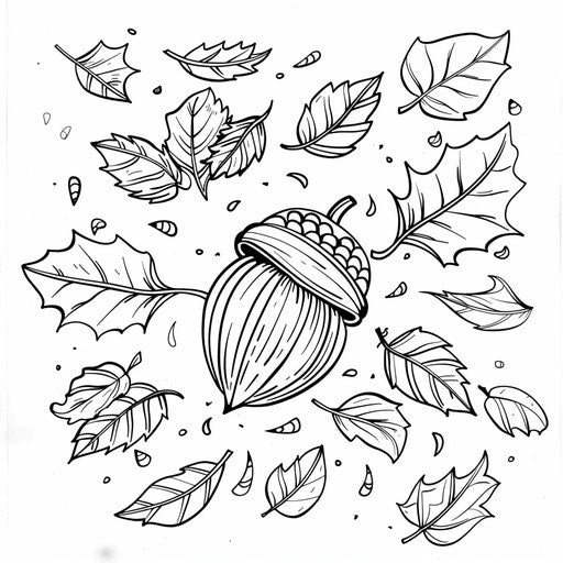 Bold outline of an acorn surrounded by autumn leaves
