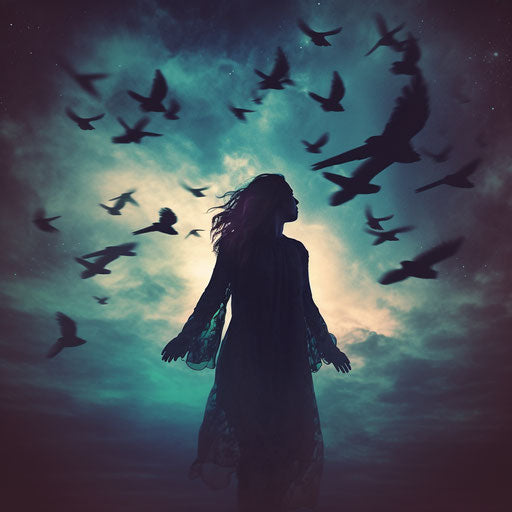 Silhouette of a girl in the sky with birds flying