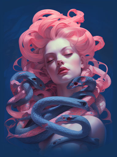 Woman's head with snakes in coralpunk style