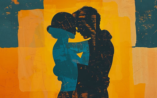 Silhouette of couple hugging with text and emoji installations
