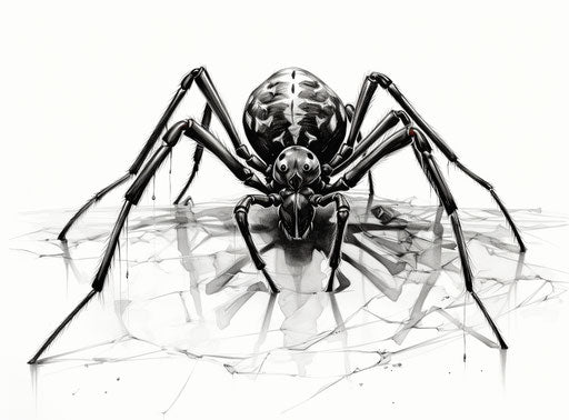 Detailed cross-hatching black widow bug illustration, monochromatic precise realism