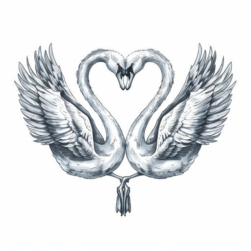 Sketch of two swans forming heart in whites and silvers