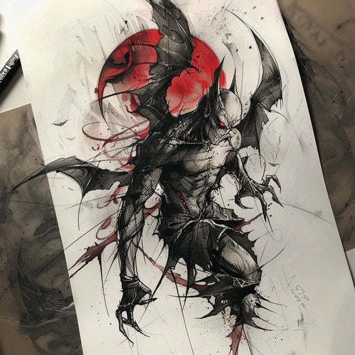 Dynamic tattoo of a vampire in transformation with abstract shadows
