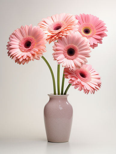 Four pink gerbera in a single vase on white background