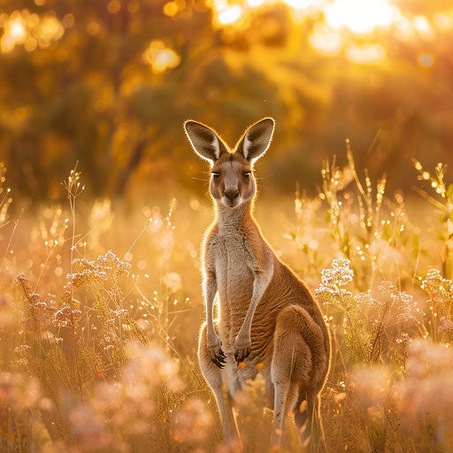 Red kangaroo standing in a sunlit meadow