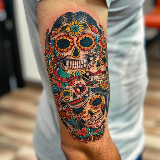 Vibrant traditional family tattoo with cultural symbols