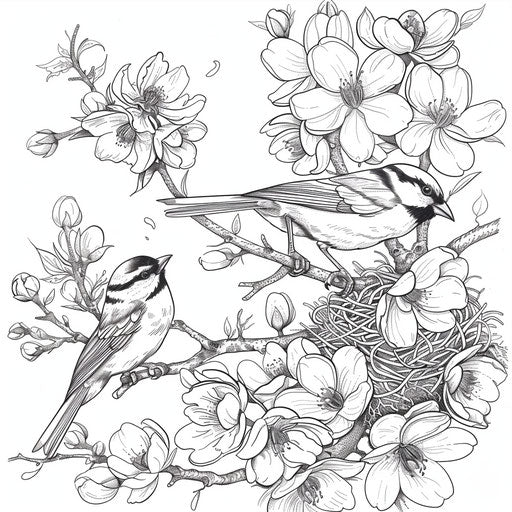 Birds building a nest in a blossoming tree