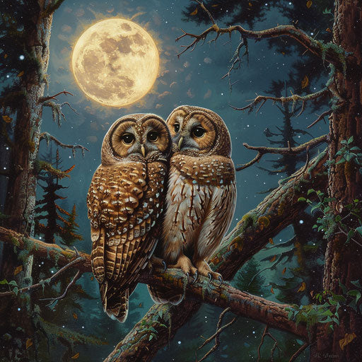 Two spotted owls on a gnarled branch under the soft moonlight in a serene forest
