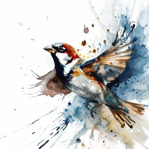 Sparrow emerging from a watercolor splash, combining abstract art with tattoo design, on white