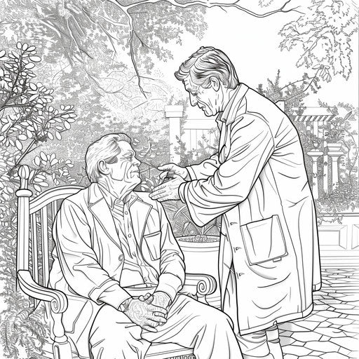 Serene scene of a doctor comforting a patient in a garden