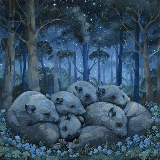 Sleeping wombats under starry sky in woodland clearing