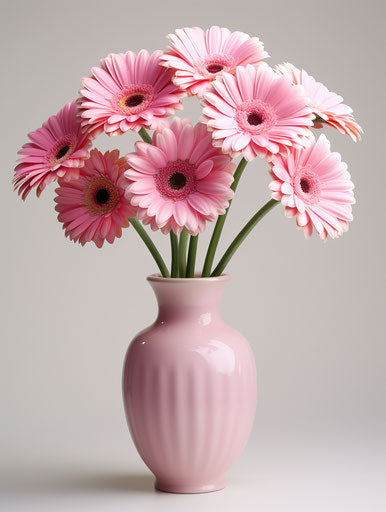 Five pink gerberas in a vase on white background