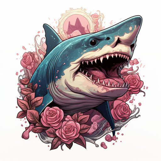 Shark eating pink meat, classic tattoo style, 2d game art