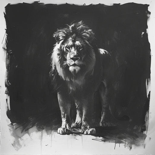 Striking black and white portrait highlighting the powerful form of a lion