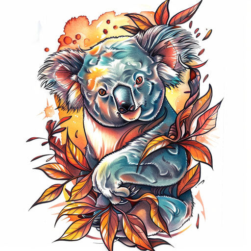 Stylized tattoo sketch, koala with wind-blown leaves