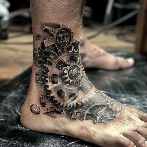 Foot tattoos in the style of Adrian Smith featuring mechanical gears
