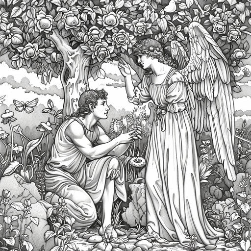 Angels watching Adam and Eve in the garden