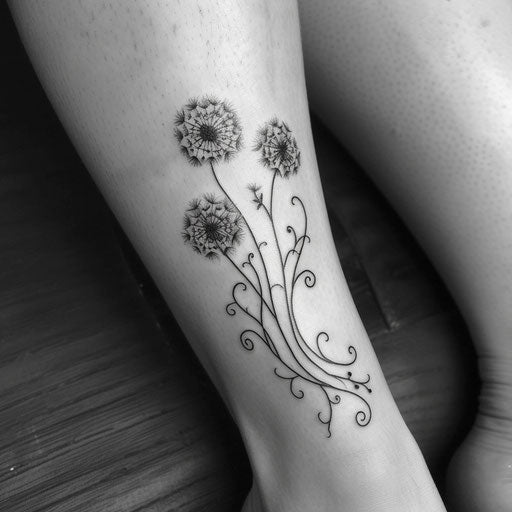 Art nouveau inspired dandelion tattoo, flowing lines and floral motifs