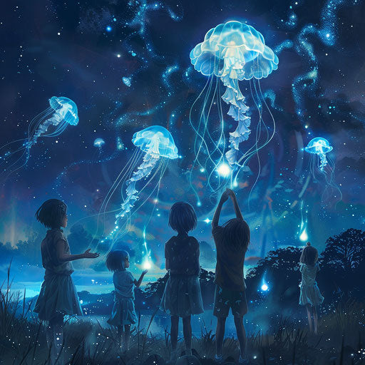 Children holding luminous jellyfish in mystical nighttime adventure