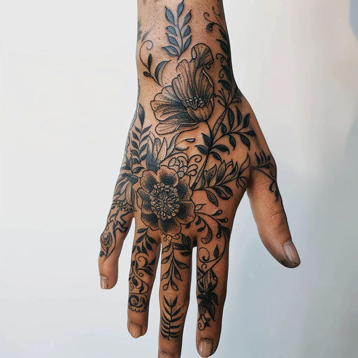 Hand tattoo with detailed floral design