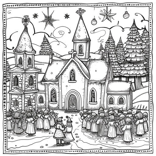 Whimsical Christmas church service with carolers outside